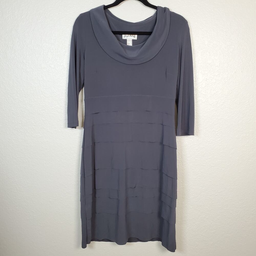 Joseph Ribkoff Dress Womens Size 8 Charcoal Layered Shift Cowl 3/4 Sleeve Tiered